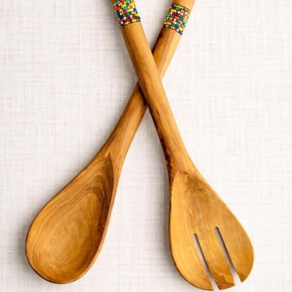 Hand-Carved Kenyan Olive Wood & Maasai Bead Salad Server Set