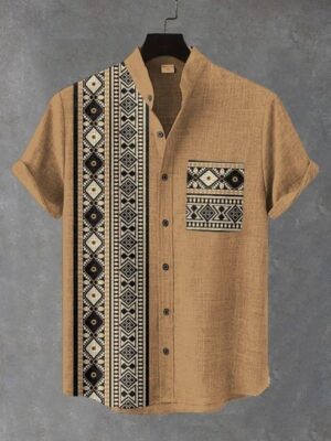 Handcrafted Tribal Motif Linen-Blend Button-Down Shirt