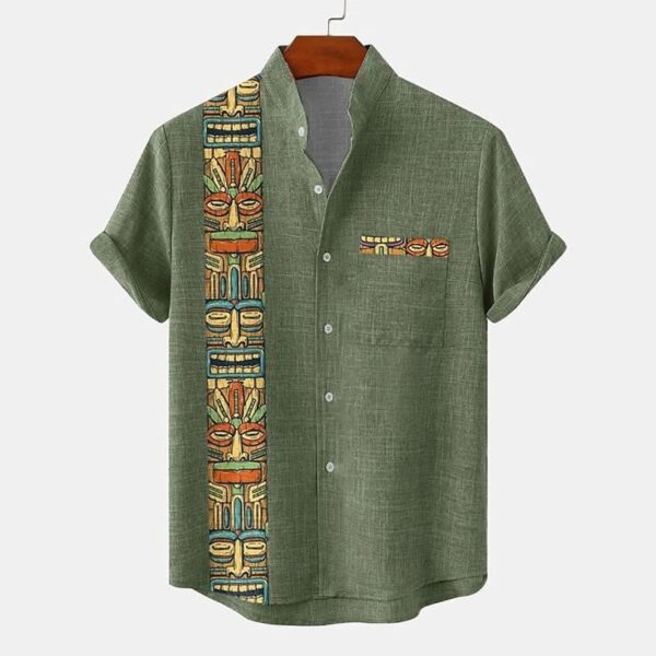 Men's Sage Green Tiki Totem Vertical Print Linen-Blend Short Sleeve Shirt