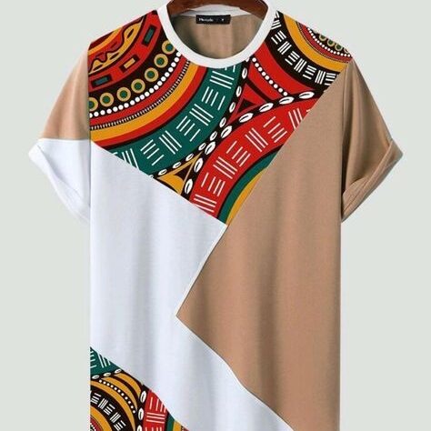 Men's Geometric Color-Block Tee with African Tribal Print