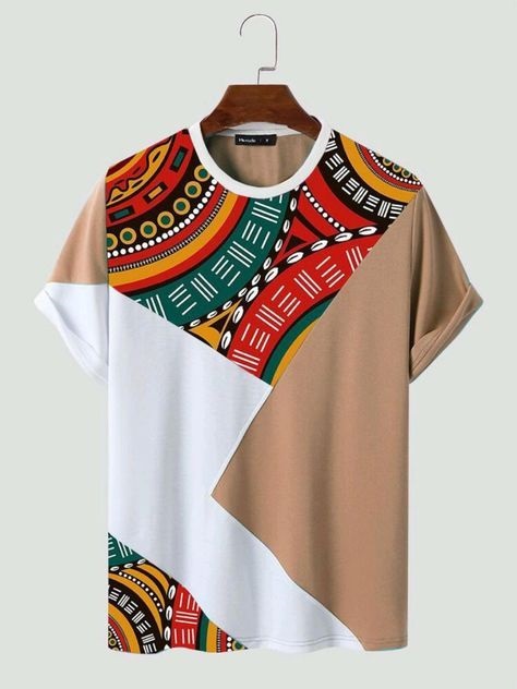 Men's Geometric Color-Block Tee with African Tribal Print