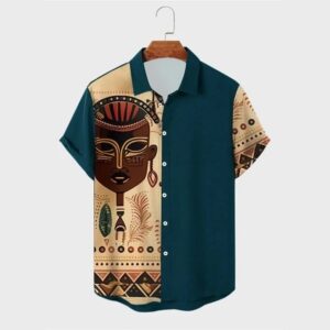 Men's Teal & Cream African Mask Heritage Print Short Sleeve Shirt