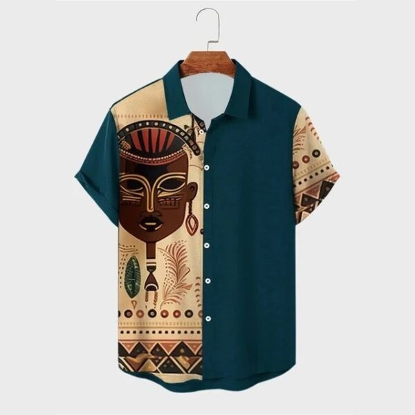 Men's Teal & Cream African Mask Heritage Print Short Sleeve Shirt