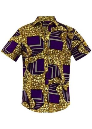Men's Purple and Gold Ankara Print Short Sleeve Button-Down
