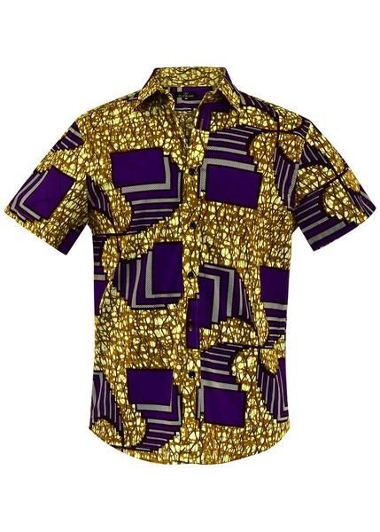 Men's Purple and Gold Ankara Print Short Sleeve Button-Down