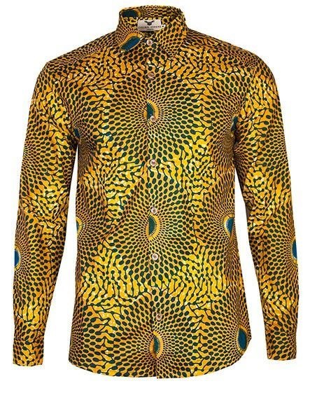 Men's Golden Yellow "Sunburst" Ankara Print Long Sleeve Shirt