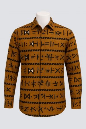 Men's Ochre Mustard Bogolan-Inspired Hieroglyphic Long Sleeve Shirt