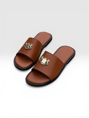 Men's Premium Cognac Leather Crest Slides